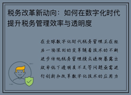 税务改革新动向：如何在数字化时代提升税务管理效率与透明度